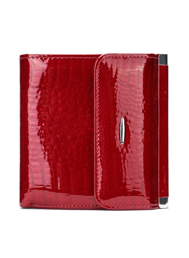 Yoze Red Patent Leather Croco-Embossed Cowhide Wallet for Women，red patent leather wallet，croco embossed wallet，genuine cowhide wallet，vintage retro wallet，women's short wallet，patent red croco wallet， - Image 1